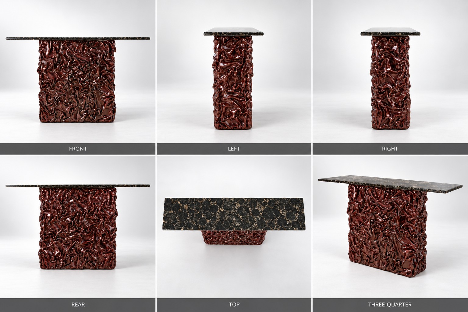 Dara Solo Console, oxblood: front, left, right, rear, top and three-quarter views
