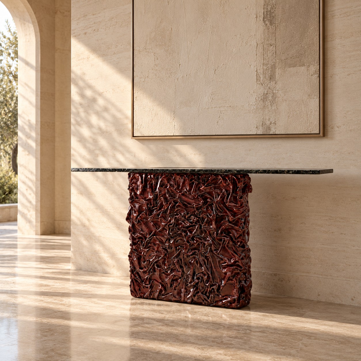 Dara Solo Console, oxblood, in a room setting