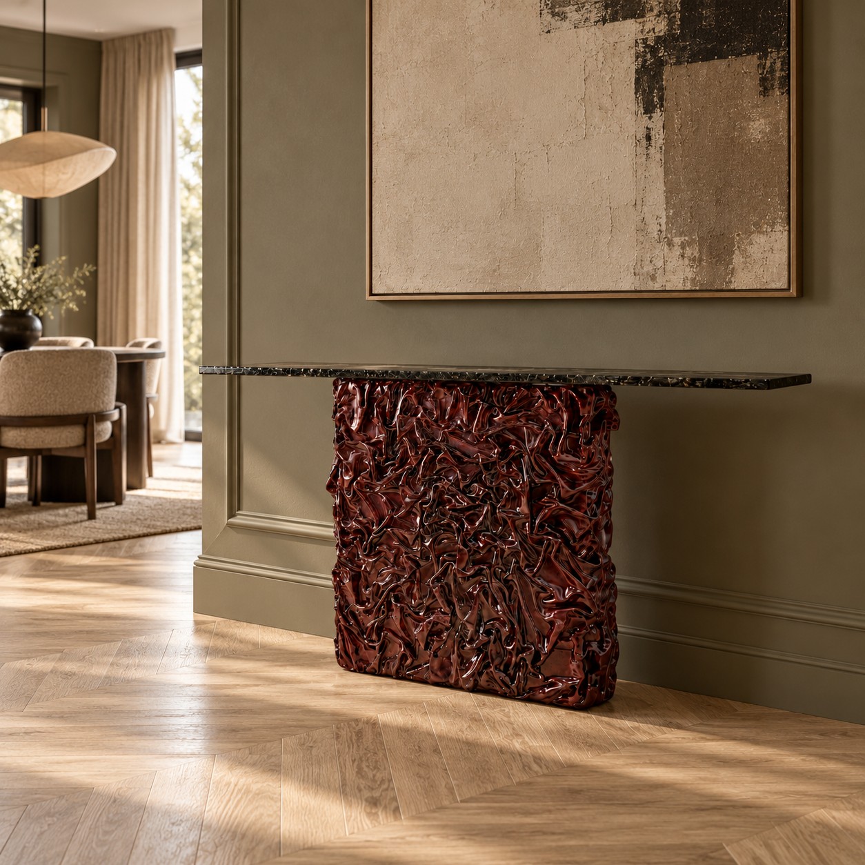 Dara Solo Console, oxblood, in a room setting