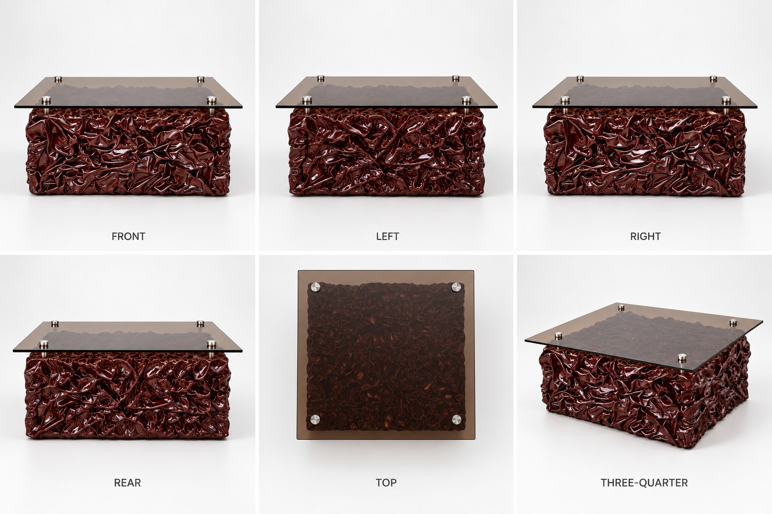 Onda Square Centre Table, chocolate brown: front, left, right, rear, top and three-quarter views