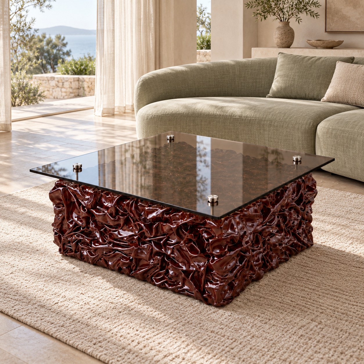 Onda Square Centre Table, chocolate brown, in a room setting